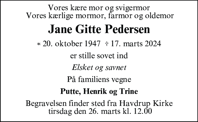 Dødsannonce for Jane Gitte Pedersen