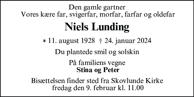 Dødsannonce for Niels Thomsen Lunding