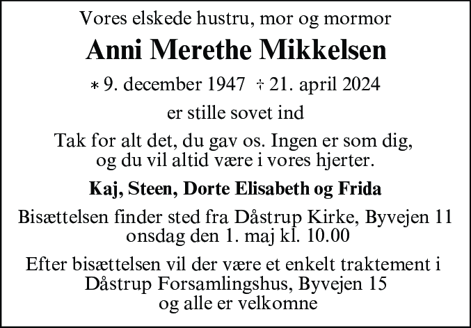 Dødsannonce for Anni Merethe Mikkelsen