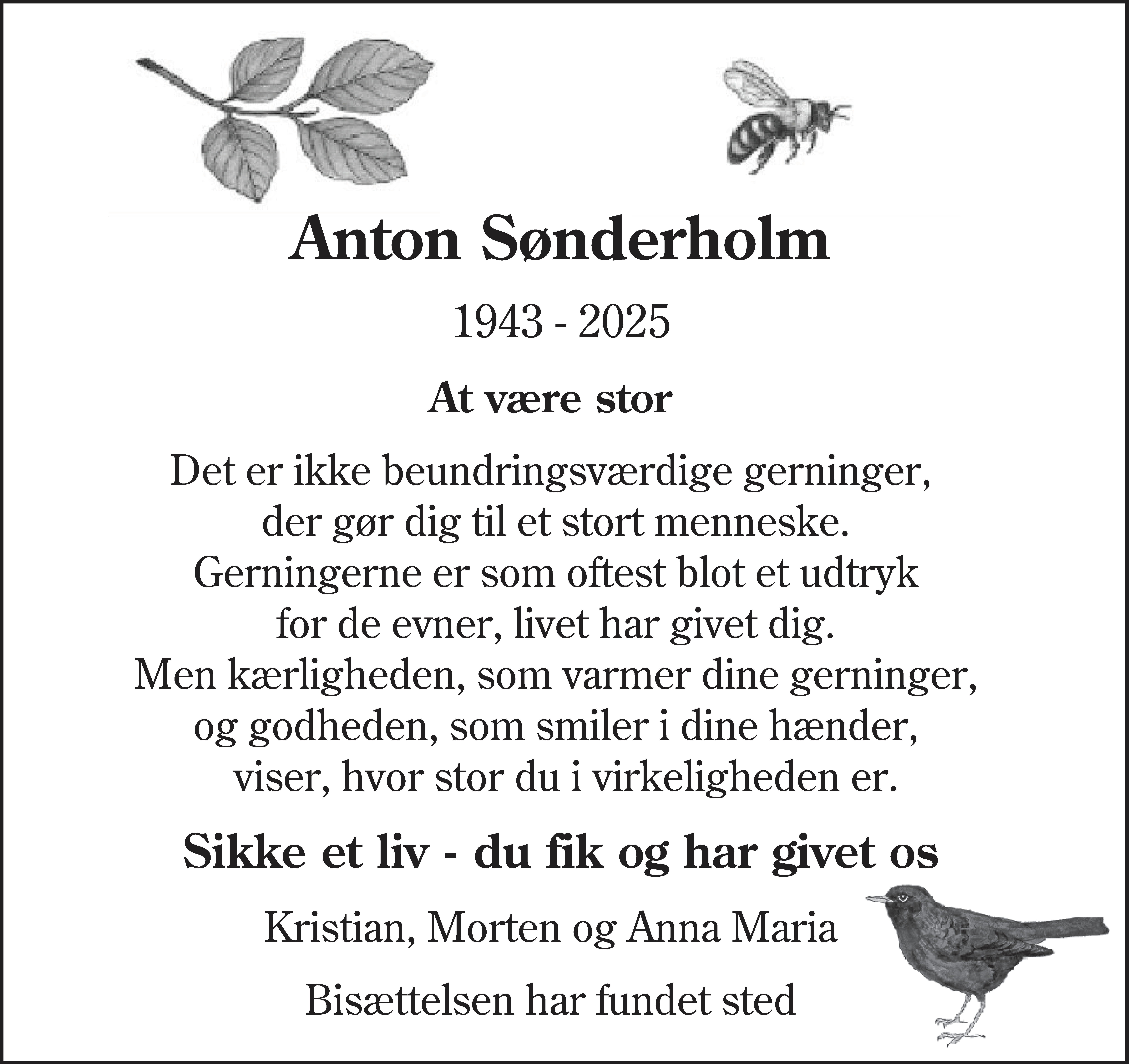 Dødsannonce for Anton Sønderholm