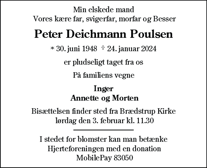 Dødsannonce for Peter Deichmann Poulsen