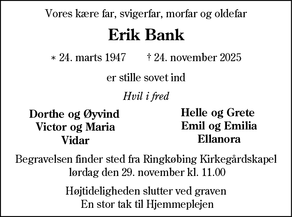 Dødsannonce for Erik Bank