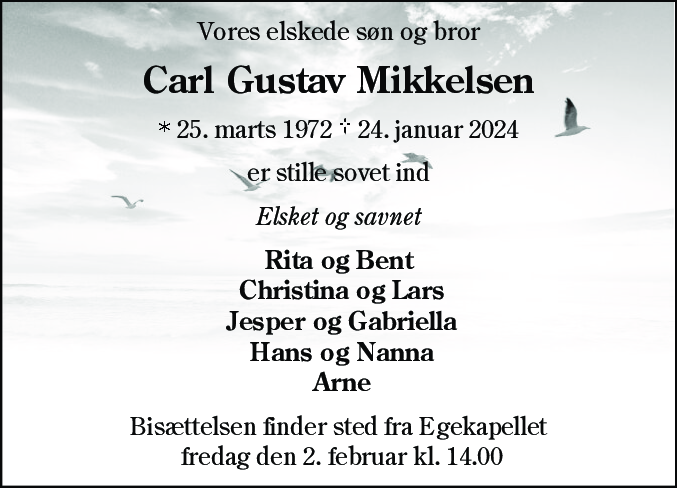 Dødsannonce for Carl Gustav Mikkelsen