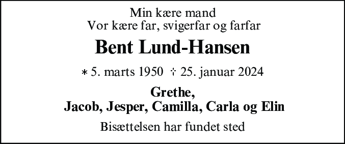 Dødsannonce for Bent Lund-Hansen
