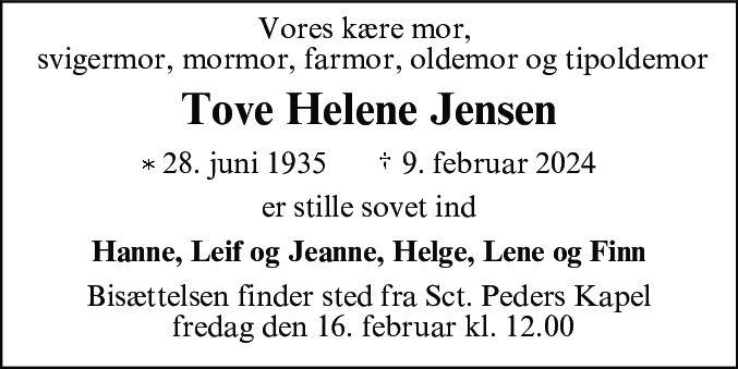 Dødsannonce for Tove Helene Jensen