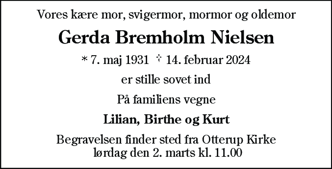 Dødsannonce for Gerda Irene Nielsen