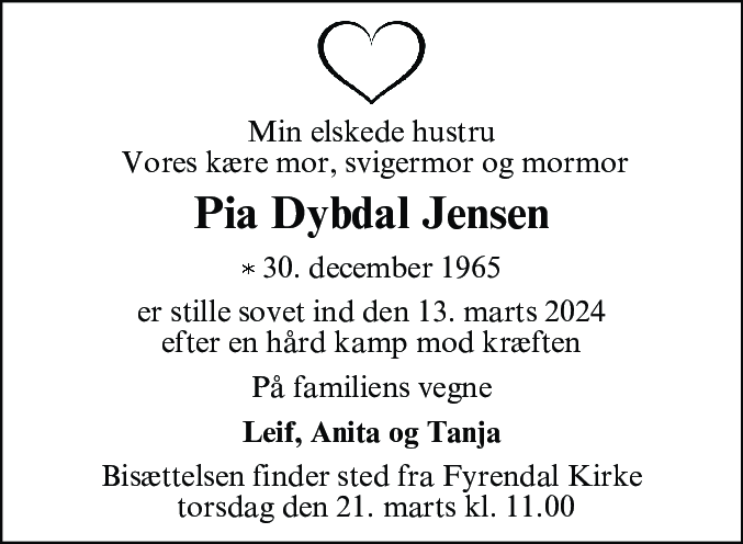 Dødsannonce for Pia Dybdal Jensen