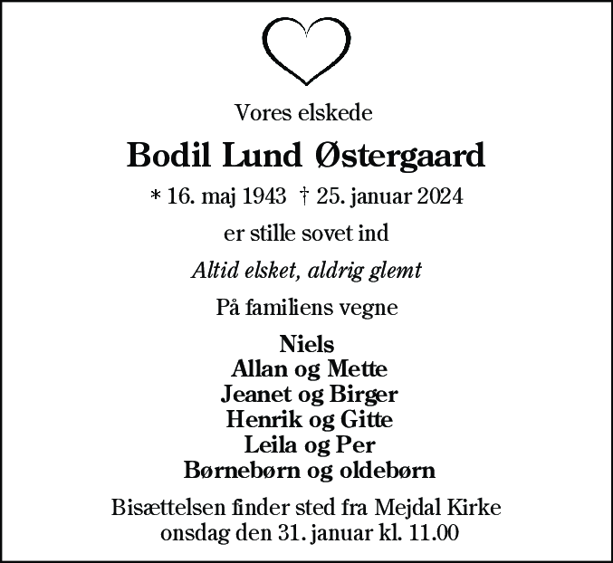 Dødsannonce for Bodil Lund Østergaard