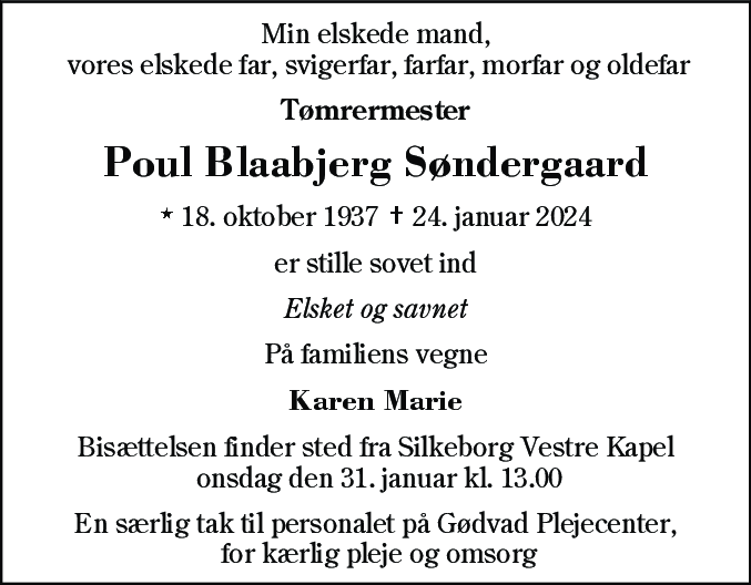 Dødsannonce for Poul Blaabjerg Søndergaard