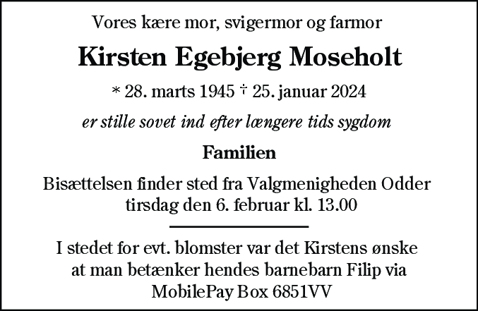 Dødsannonce for Kirsten Egebjerg Moseholt