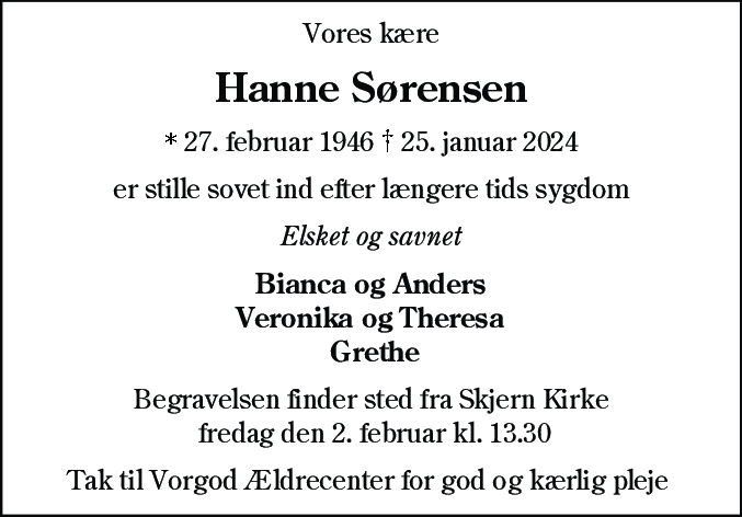 Dødsannonce for Hanne Jette Sørensen