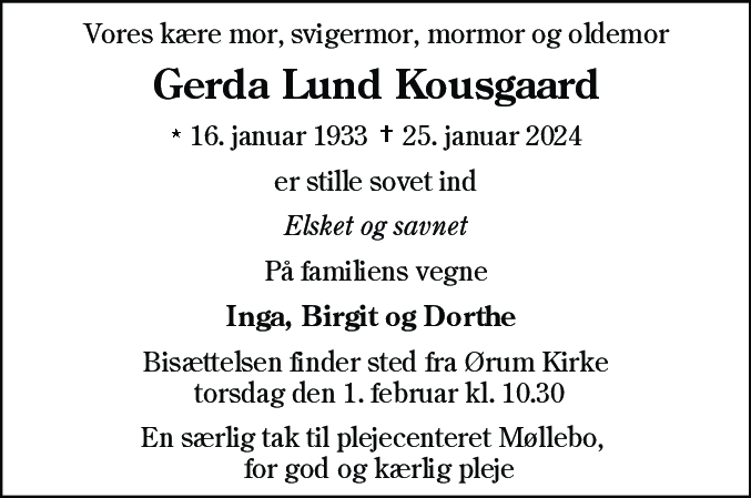 Dødsannonce for Gerda Lund Kousgaard