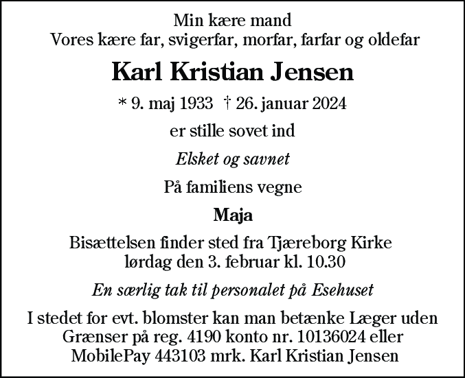 Dødsannonce for Karl Kristian Jensen
