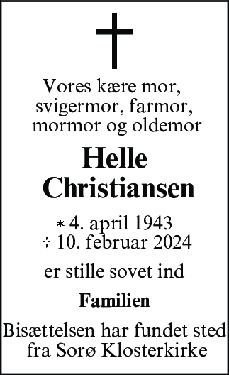 Dødsannonce for Helle Christiansen
