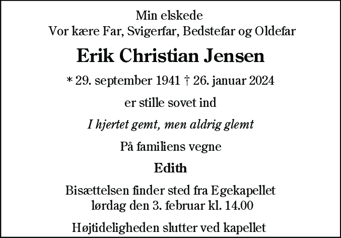 Dødsannonce for Erik Christian Jensen