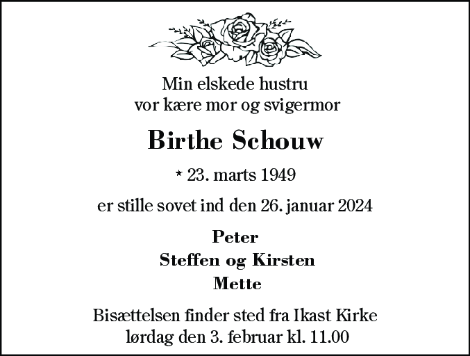Dødsannonce for Birthe Schouw