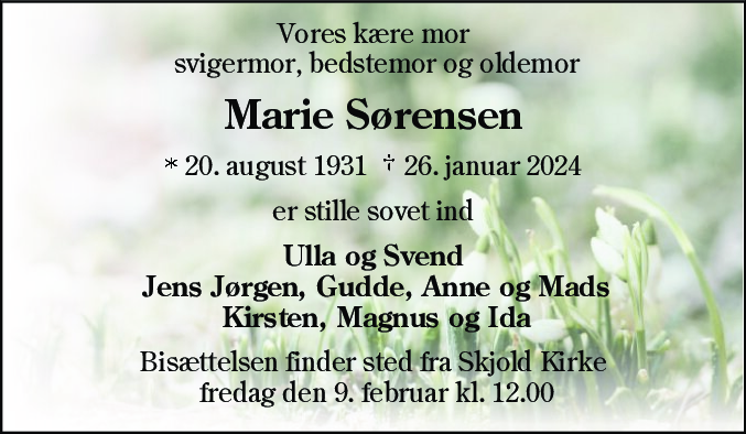 Dødsannonce for Marie Sørensen