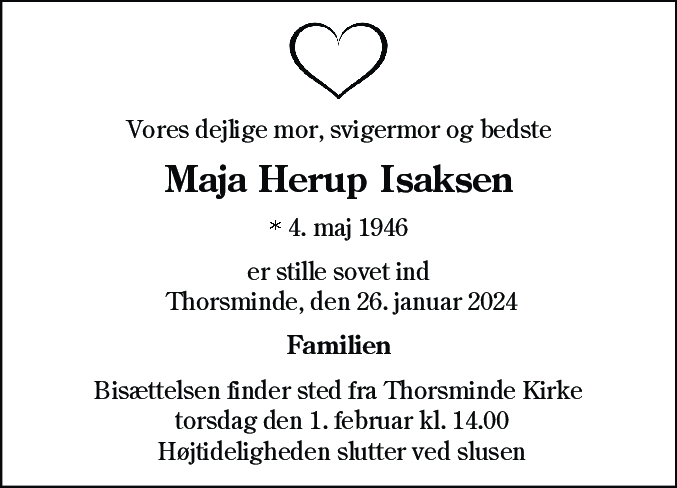 Dødsannonce for Maja Herup Isaksen