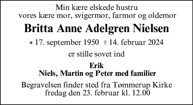 Dødsannonce for Britta Anne Adelgren Nielsen