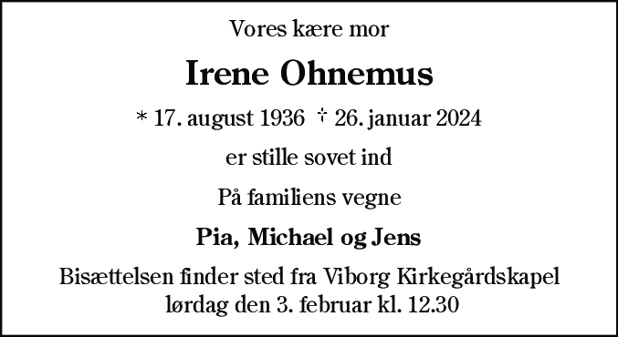 Dødsannonce for Lydia Irene Ohnemus