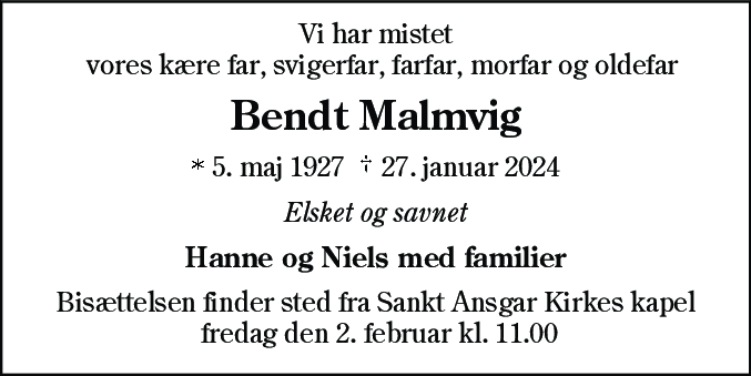 Dødsannonce for Bendt Malmvig