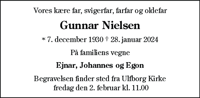 Dødsannonce for Gunnar Nielsen