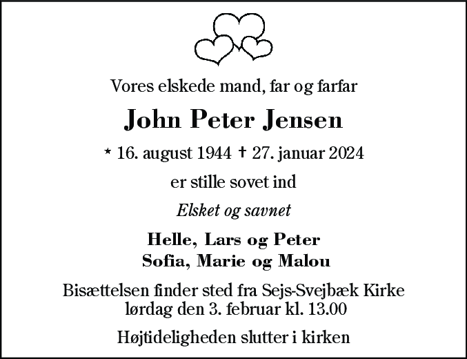 Dødsannonce for John Peter Jensen