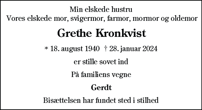 Dødsannonce for Grethe Kronkvist