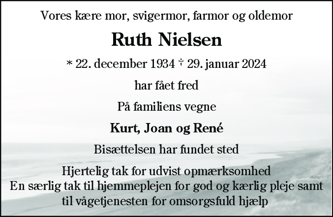 Dødsannonce for Ruth Nielsen