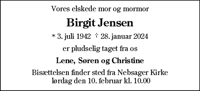 Dødsannonce for Birgit Jensen