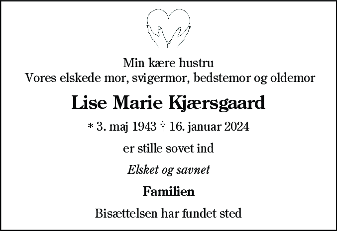 Dødsannonce for Lise Marie Kjærsgaard