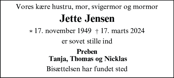 Dødsannonce for Jette Jensen