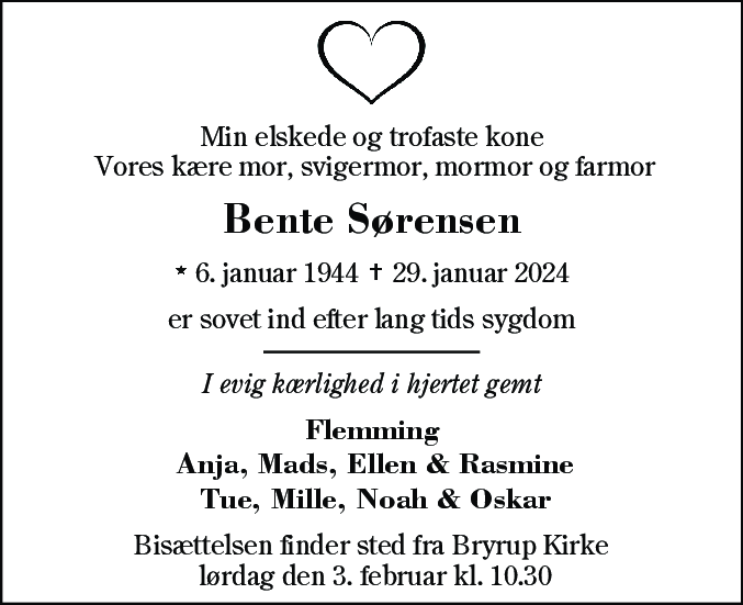 Dødsannonce for Bente Sørensen