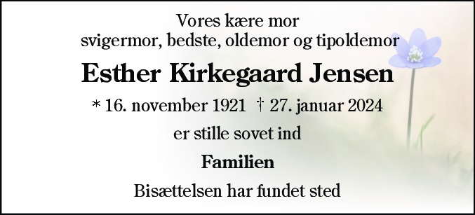 Dødsannonce for Esther Kirkegaard Jensen