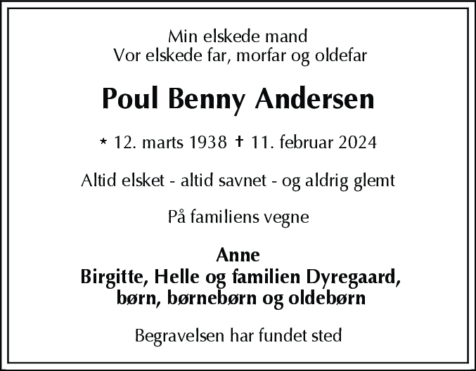 Dødsannonce for Poul Benny Andersen