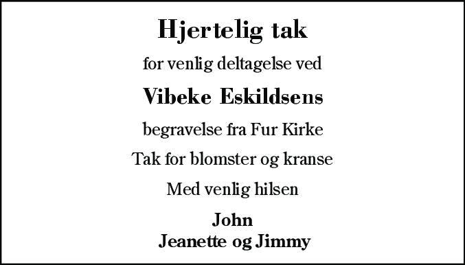 Dødsannonce for Vibeke Eskildsen