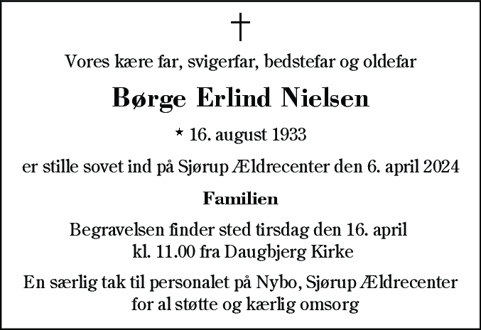 Dødsannonce for Børge Erlind Nielsen
