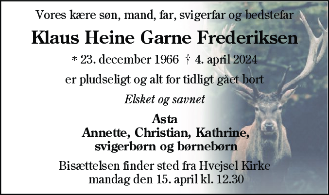 Dødsannonce for Klaus Heine Garne Frederiksen