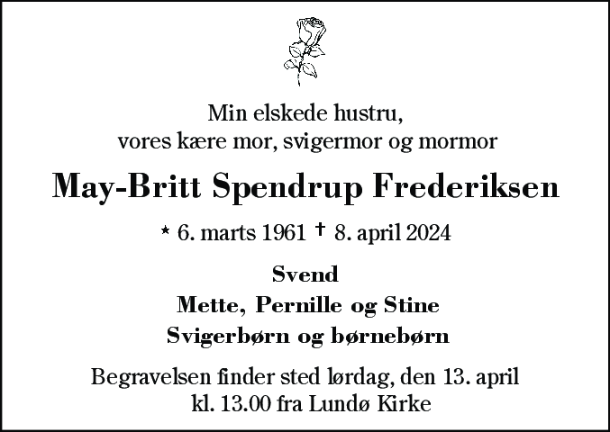 Dødsannonce for May-Britt Spendrup Frederiksen