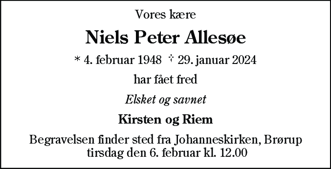 Dødsannonce for Niels Peter Allesøe