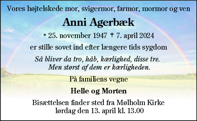 Dødsannonce for Anni Agerbæk