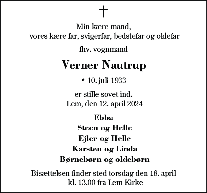Dødsannonce for Verner Nautrup