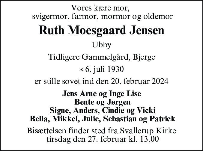 Dødsannonce for Ruth Moesgaard Jensen