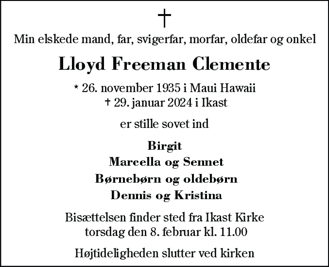 Dødsannonce for Lloyd Freeman Clemente