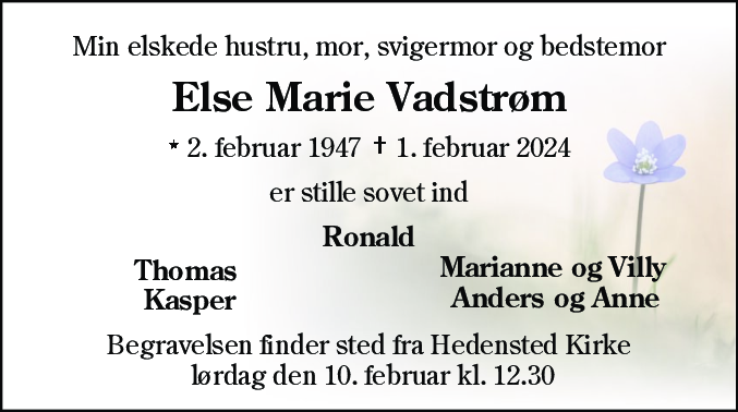Dødsannonce for Else Marie Vadstrøm