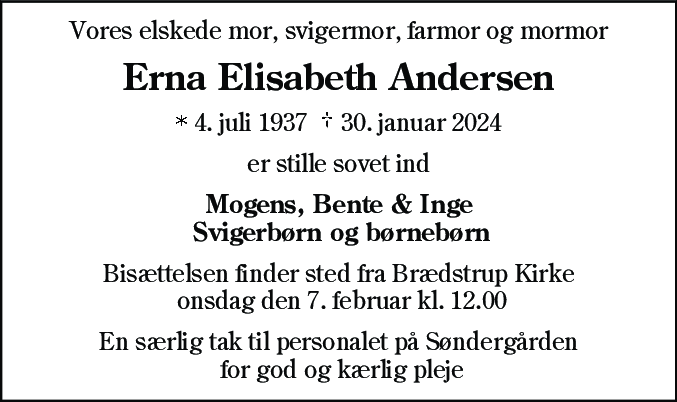 Dødsannonce for Erna Elisabeth Andersen