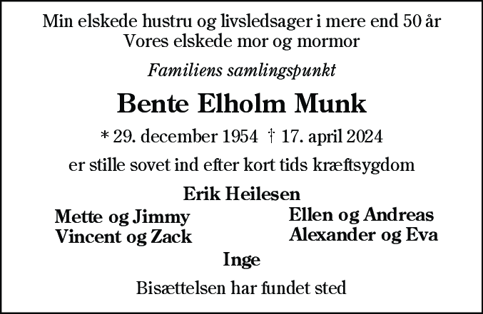 Dødsannonce for Bente Elholm Munk