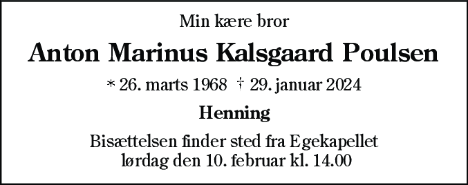 Dødsannonce for Anton Marinus Kalsgård Poulsen