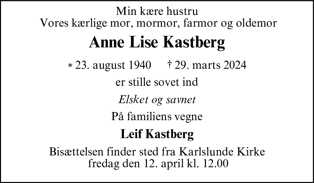 Dødsannonce for Anne Lise Kastberg