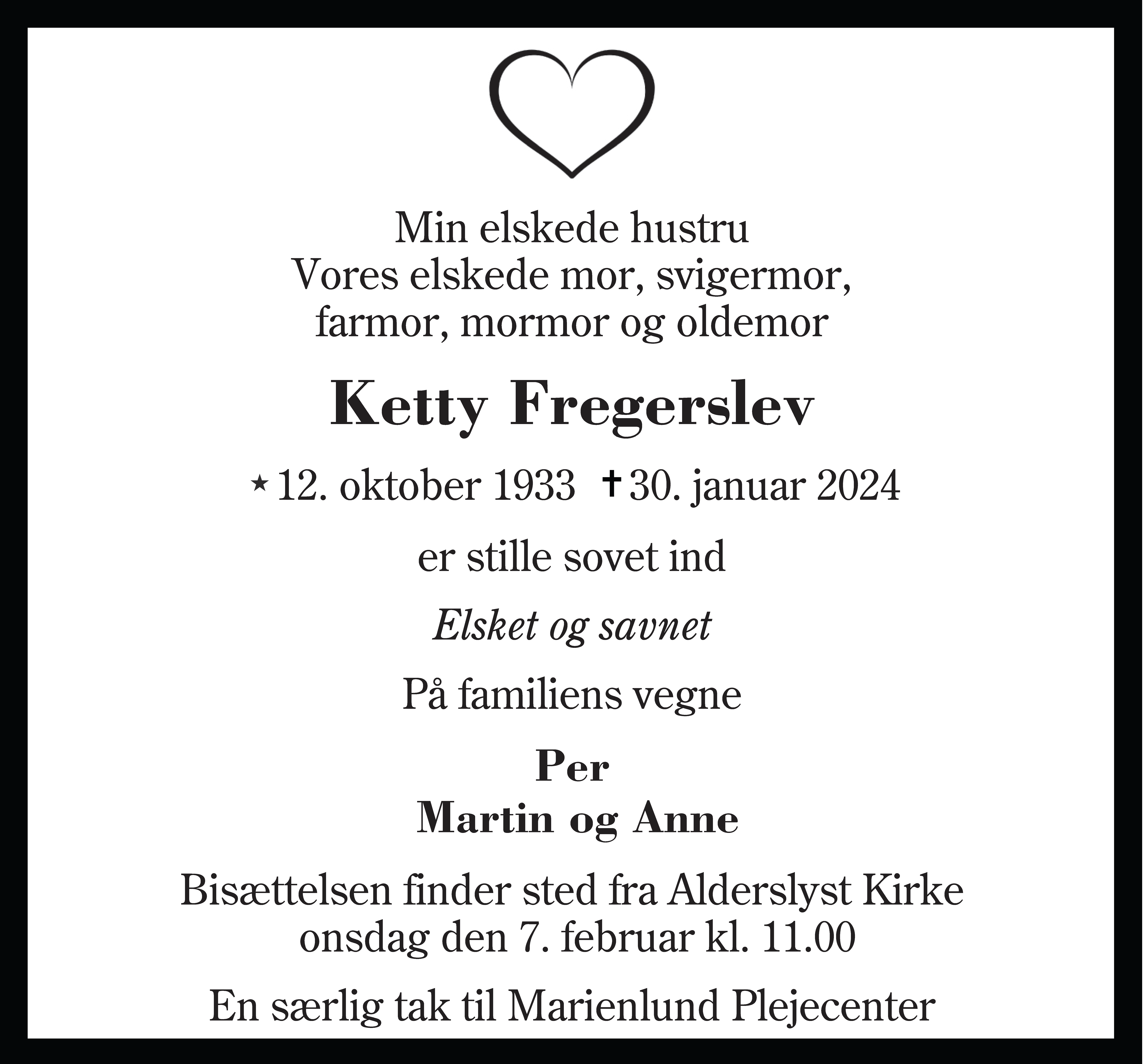 Dødsannonce for Ketty Fregerslev